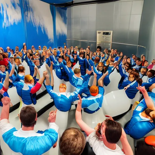 Image similar to photorealistic crowds of happy customers applauding to indoor skydiving instructor demo show in vertical wind tunnel facility tunneltech