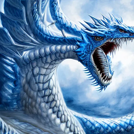 Image similar to a Blue eyed white dragon, epic background by Keith Thompson and Christopher Bretz, highly detailed, digital painting, HDRI, vivid colors, high contrast, 8k resolution, intricate, photorealistic, smooth