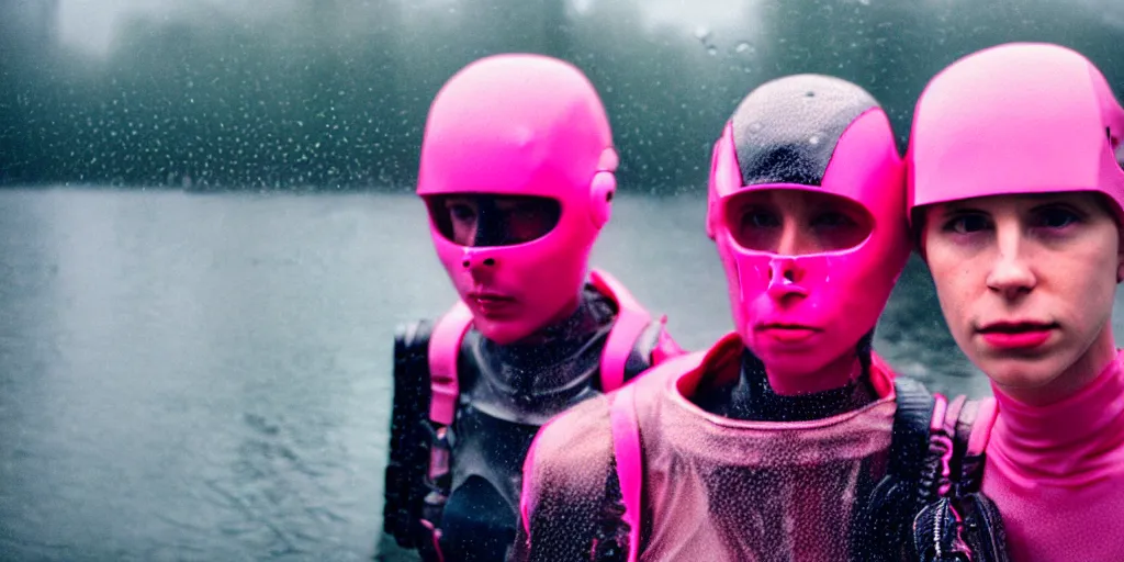 Prompt: cinestill 5 0 d candid photographic portrait by helen levitt of two cyborgs wearing rugged neon pink mesh techwear in treacherous waters, extreme closeup, modern cyberpunk moody depressing cinematic, pouring rain, 8 k, hd, high resolution, 3 5 mm, f / 3 2, ultra realistic faces, ex machina