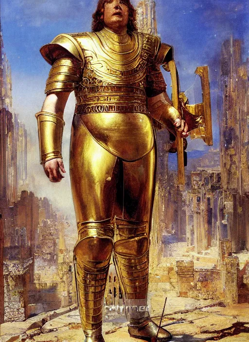 Prompt: a portrait of huge godlike achilles dressed in golden armour standing at the walls of troy, by john berkey and lawrence alma tadema and rick berry and norman rockwel