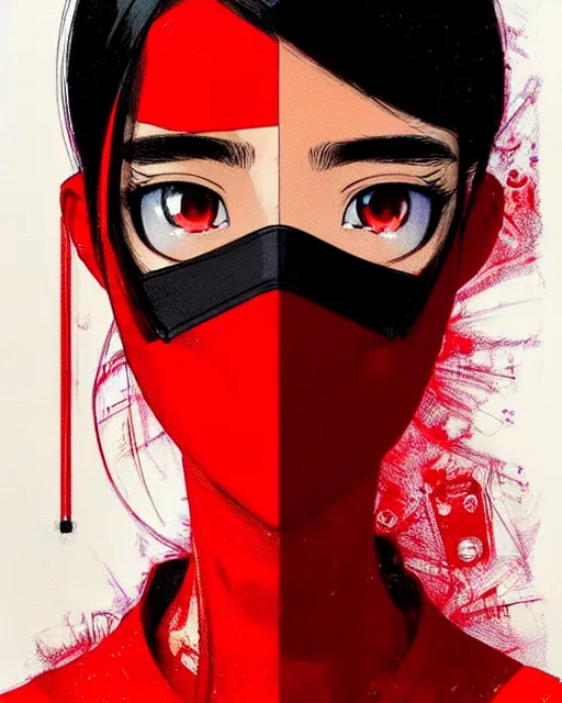 Prompt: black haired girl wearing a surgical mask and red dress | | audrey plaza, warframe armor, fine detail!! anime!! realistic shaded lighting!! poster by ilya kuvshinov katsuhiro otomo ghost - in - the - shell, magali villeneuve, artgerm, jeremy lipkin and michael garmash and rob rey