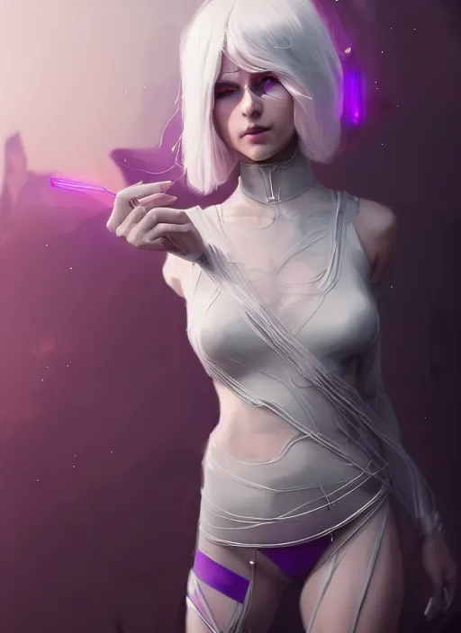 Prompt: a beautiful white - haired girl with purple eyes dressed as a superhero, intricate, elegant, highly detailed, digital painting, artstation, concept art, smooth, sharp focus, illustration, ethereal, misty, by ilya kuvshinov and jeremy mann, 8 k, octane render