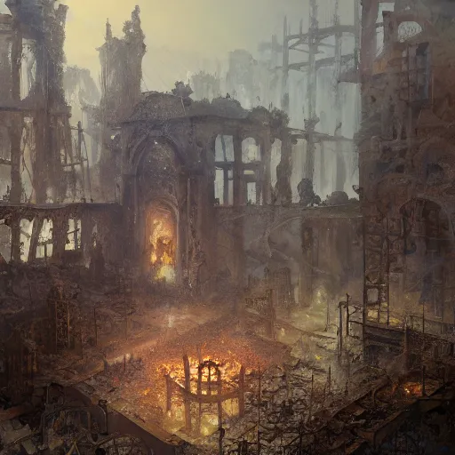 Prompt: Oil painting of town ruins, ashes and flames, people hiding, D&D, Magic The Gathering, by Craig Mullins, intricate details, Nekro, Victo Ngai, centered, symmetrical, volumetric lighting