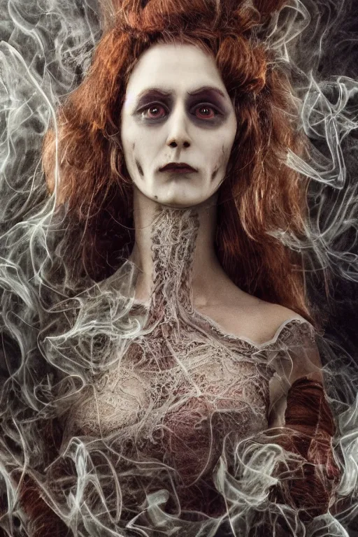 Prompt: 3 5 mm colour, italian looking emma, evil princess, victorian house, long brown hair, hyperrealism, octane render, weird, odd, strange, creepy, freakshow, extremely detailed, subtle intricate smoke magic, lace, silk, style of david cronenberg, hyung tae, frank frazetta