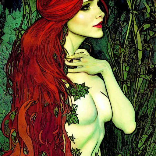 Prompt: a beautiful painting of poison ivy dressed as a martian princess, dark eyeliner, intricate, elegant, highly detailed, digital painting, artstation, concept art, matte, sharp focus, illustration, art by rebecca guay and by arthur rackham and by alphonse mucha and by john william waterhouse