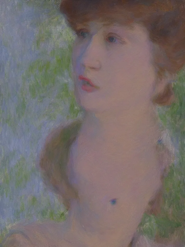 Image similar to portrait of < zelda fitzgerald >, blurry face, fair, slim, fair, severe out of focus, pleinairism, in the sun, backlit, closeup, oil on canvas, atr by monet, smooth, impressionnisme, 8 k