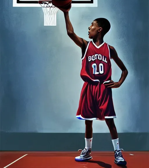 Image similar to portrait of a boy at a basketball court playing basketball wearing a basketball uniform in a basketball court standing near the basketball hoop, painted in 1999, intense emotion, detailed facial expression, detailed surroundings, intricate, elegant, highly detailed, centered, digital painting, artstation, concept art, smooth, sharp focus, illustration, by (Peter Mohrbacher), WLOP