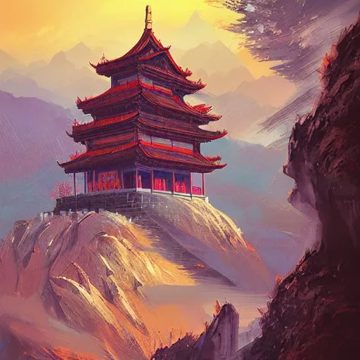 Image similar to chinese buddhist temple on the side of a mountain by anato finnstark, by alena aenami, by john harris, by ross tran, by wlop, by andreas rocha