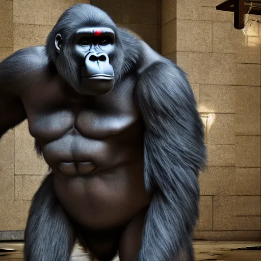 Image similar to big gorilla man terroizing church, 8k cinematic lighting, very sharp detail, anatomically correct