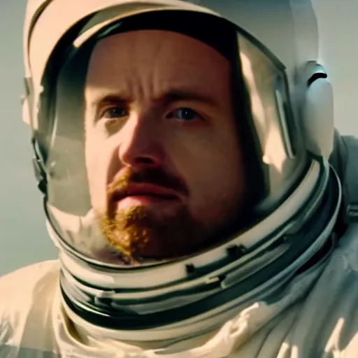 Prompt: a still from breaking bad of Jesse Pinkman wearing an astronaut suit in the moon, extreme close-up, highly detailed skin