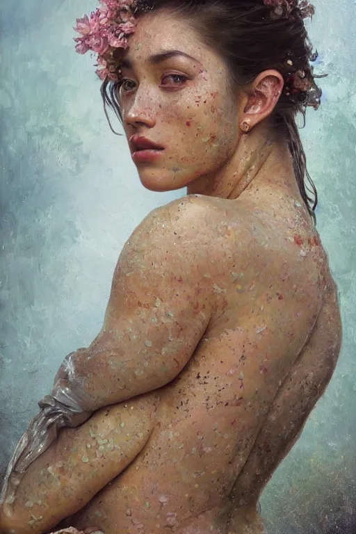 Prompt: an intricate oil painting of a beautifull woman portrait surounded by hiper detailed inkdrop in water, bumpy mottled skin, fluid acrilic art, colorfull, by yoshitaka amano, by greg rutkowski, by alphonse mucha by jeremyg lipkinng, by rhads, by ross tran, by artgerm, octane render