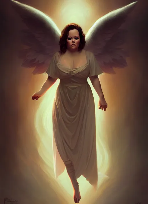 Image similar to melissa mccarthy as an angel, backround dark, highly detailed, digital illustration, trending in artstation, modern painting, smooth, sharp focus, intricate, by peter mohrbacher