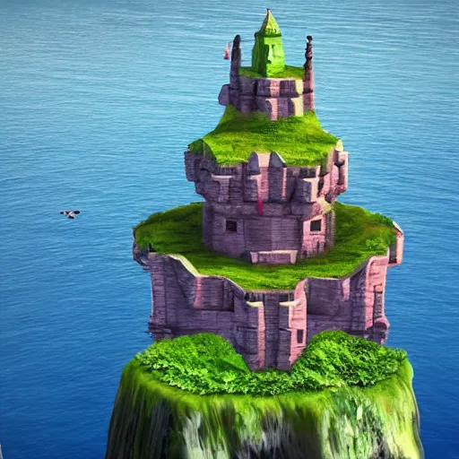 Prompt: flying castle atop a floating island, realistic