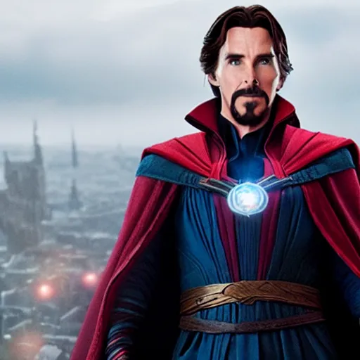 Prompt: film still of Christian Bale as Doctor Strange in Avengers Endgame