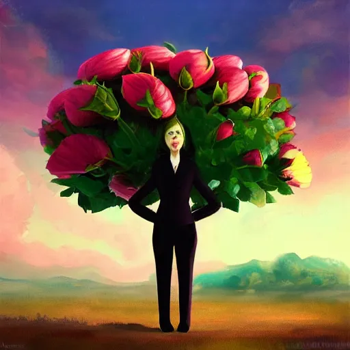 Image similar to giant rose flower head, frontal, girl in a suit, surreal photography, sunrise, dramatic light, impressionist painting, digital painting, artstation, simon stalenhag