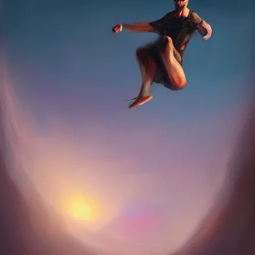 Image similar to man floating in air in total darkness, oil painting, pale colors, high detail, 8 k, wide angle, trending on artstation,