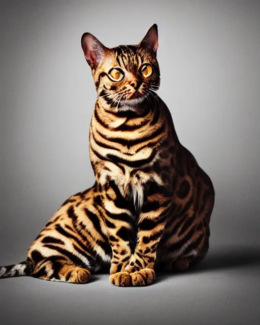 Prompt: medium format Bengal Cat Photography, Hyperreal, 8k in the style of Annie Leibovitz