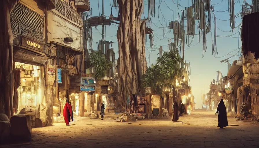 Image similar to old jeddah city stree, roshan, shops, a big magical glowing time portal, a nomad wearing a worn out coat, plants, old tree, kids, dramatic lighting fantasy, sci fi, by caspar david friedrich by beeple and james gilleard and justin gerard, centered, artstation, smooth, sharp focus, photoreal octane render, by jean baptiste monge