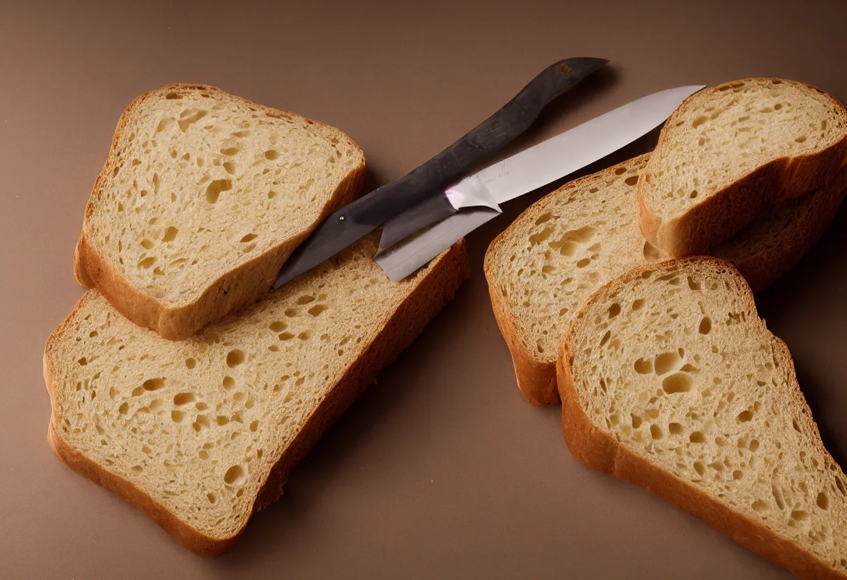 Prompt: slice of bread with a bread knife next to it, studio lighting, 4k, hd, photorealistic