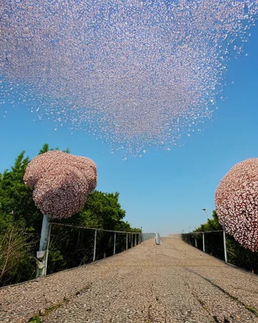 Image similar to explosion in a form of dry cotton flowers over the kerch bridge, wide lens