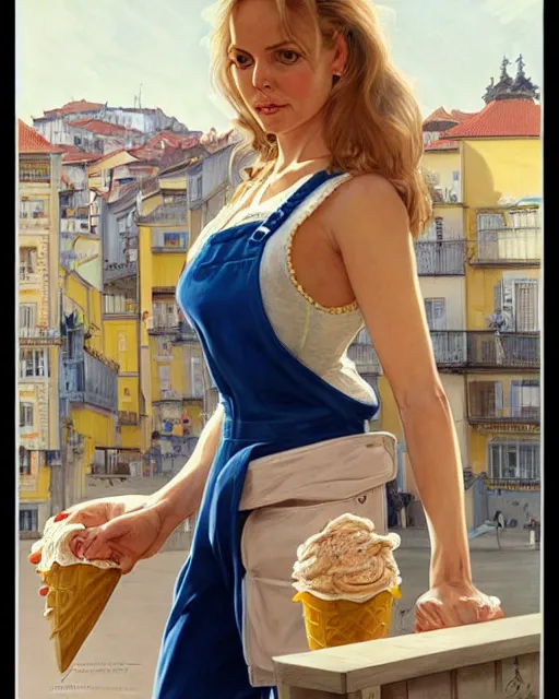 Image similar to portrait of a blonde fuller figured barbara bach from the bond film wearing blue dungarees and eating ice creams in porto, real life skin, intricate, elegant, highly detailed, artstation, concept art, smooth, sharp focus, art by artgerm and greg rutkowski and alphonse mucha