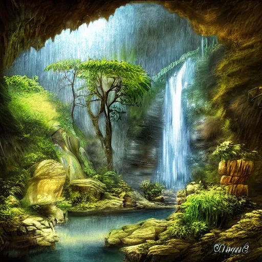 Image similar to ancient temple,plants and waterfalls in the interior of a cave,digital art