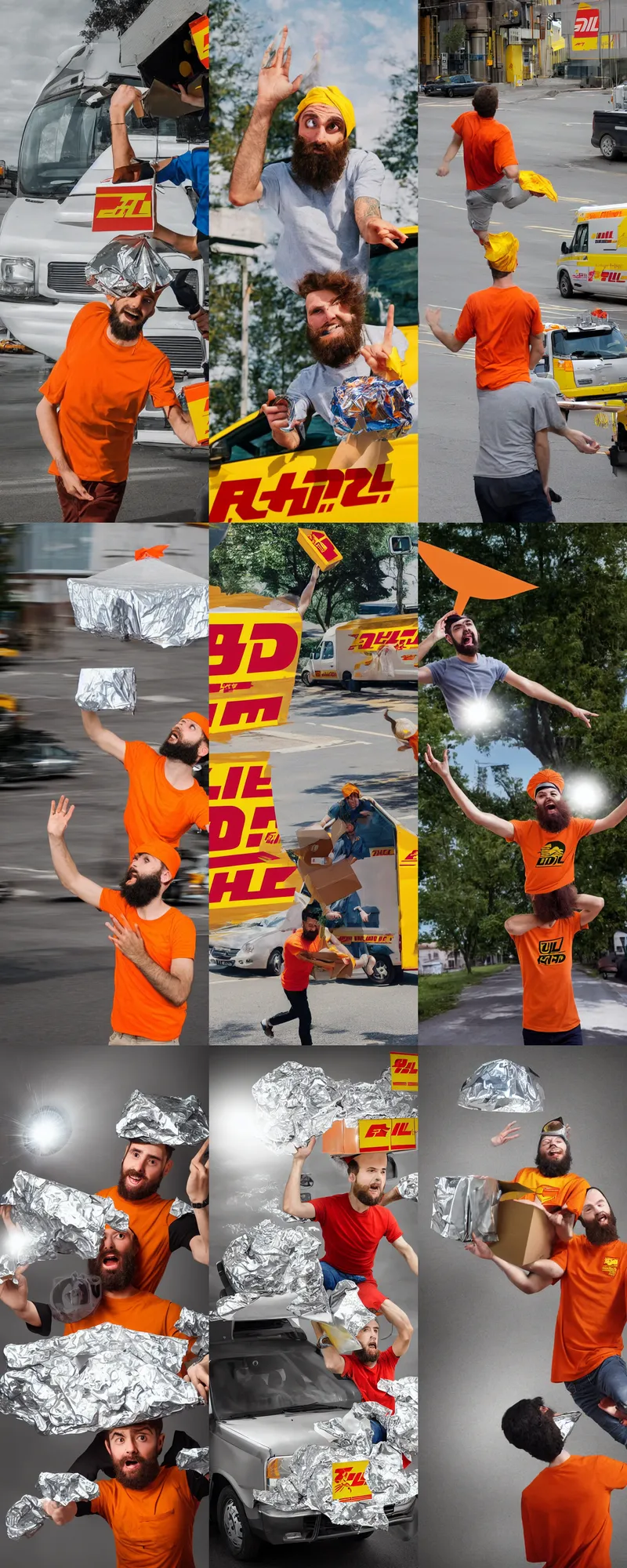 Prompt: Bearded young man in orange t-shirt and tin-foil hat on a head being abducted by UFO from his delivery DHL van