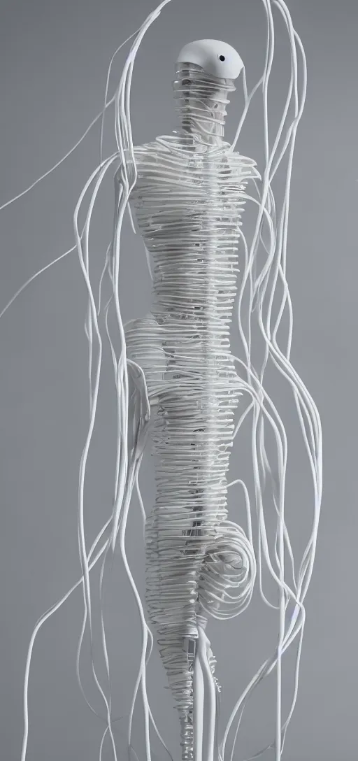 Image similar to a white futuristic mannequin with wires and pipes extending from its body