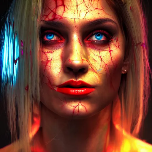 Image similar to photorealistic woman devil. hyperdetailed photorealism, 1 0 8 megapixels, amazing depth, high resolution, 3 d shading, 3 d finalrender, 3 d cinematic lighting, glowing rich colors, psychedelic overtones, artstation concept art.