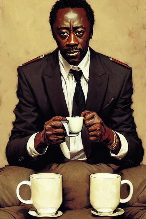 Image similar to attractive don cheadle playing as 2 1 savage drinking coffee, painting by j. c. leyendecker, yoji shinkawa, katayama bokuyo
