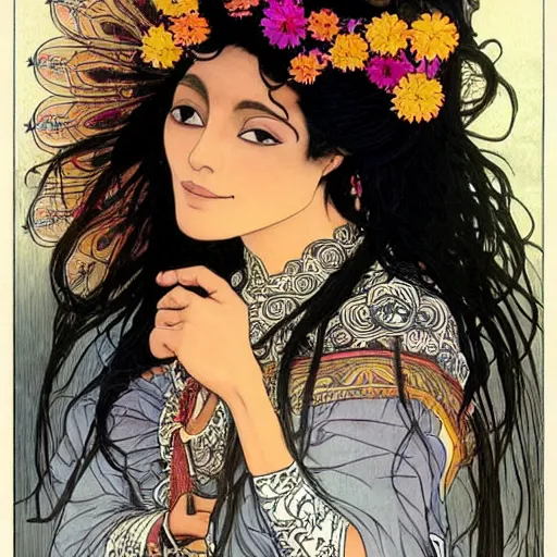 Image similar to Beautiful illustration of a Mexican woman of 40 years old, with curly black and silver hair, the woman has beautiful black eyes, her skin is light brown, she is dressed in shaman clothes, in the style of yoshitaka amano and alfons mucha