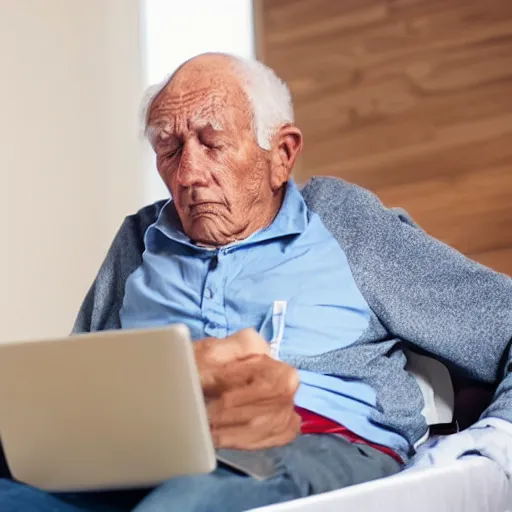 Prompt: elderly man in a coffin browsing internet on laptop