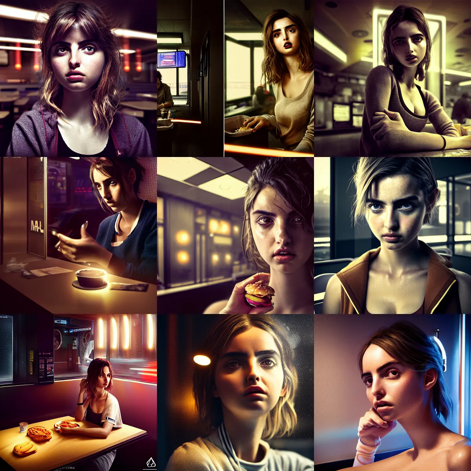 Prompt: ultra realistic, hyper detailed, ana de armas portrait working in a fast food restaurant, cinematic, cyberpunk, deep focus, cyberpunk lights, photoreal, 5 0 mm, by michal karcz and yoshitaka