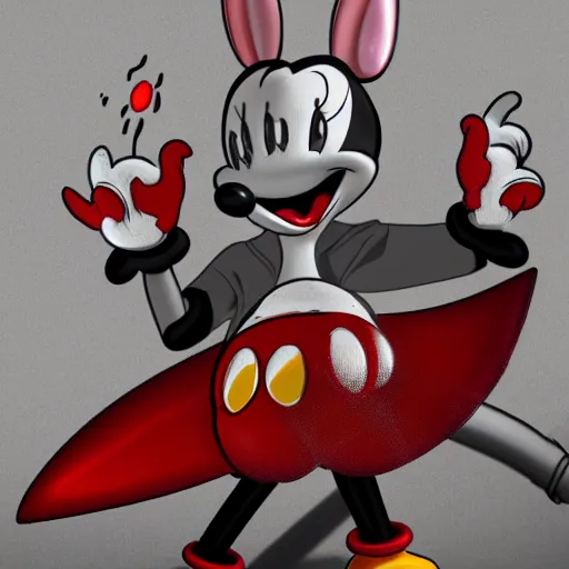 Prompt: laughing bugs bunny stabs mickey mouse with a bowie knife, blood spray, horror, intimidating, insanely detailed, photorealistic, 8 k, trending on artstation.