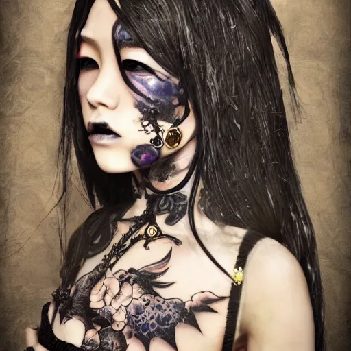 Image similar to japanese gothic model with maximalist hair style and kanji tattoos, dark colors, fashion model, portrait shot, depth of field, 8 k, hyper detailed, intricate, trending on artstation