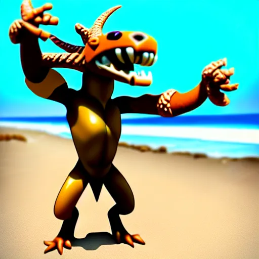 Prompt: Kobold wearing caveman clothes at a beach