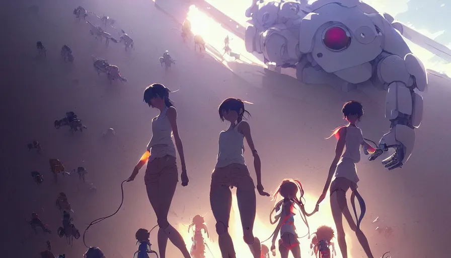 Image similar to marathon with running robots and people, studio ghibli yoshiyuki sadamoto artgerm greg rutkowski makoto shinkai, artstation