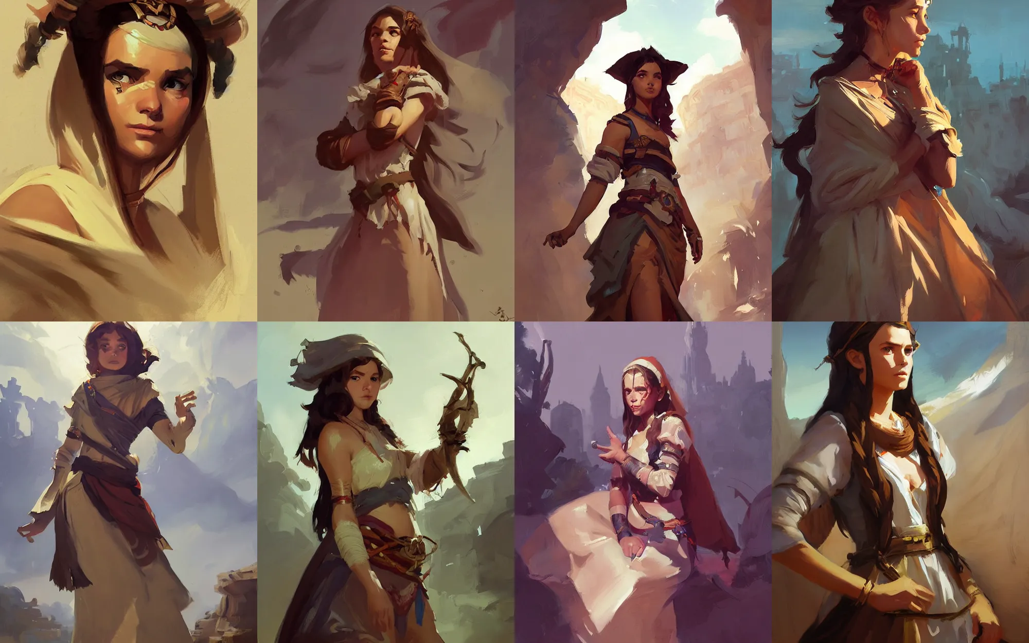 Image similar to portrait of nomad young girl in dress cloth greg manchess portrait painting of bard, d & d, fantasy, medium shot, asymmetrical, intricate, elegant, matte painting, illustration, hearthstone, by greg rutkowski, by greg tocchini, by james gilleard, by joe fenton