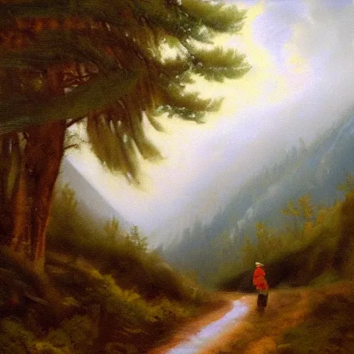 Prompt: Troll Hunters Crossing a Forested Mountain Pass in the Rain, oil painting, moody