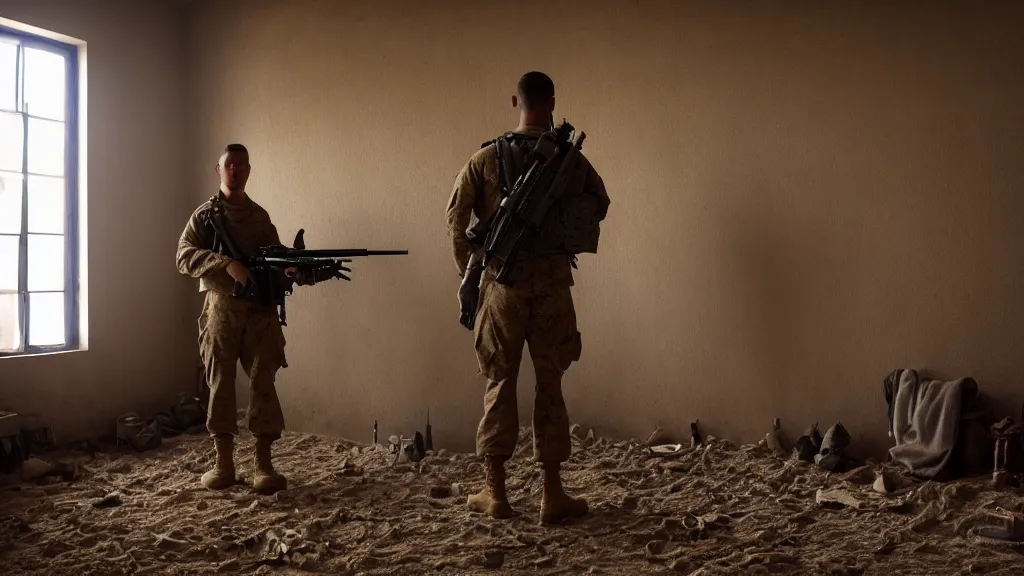 Image similar to film still of a marine soldier with a sniper rifle on his back standing in a dusty room with traditional colorful carpets on the wall in front of a sandy window. moody, grainy, 4 k, high detail, aesthetic, good composition, overdetailed, room cluttered with items, anatomically correct, directed by best director in the world,