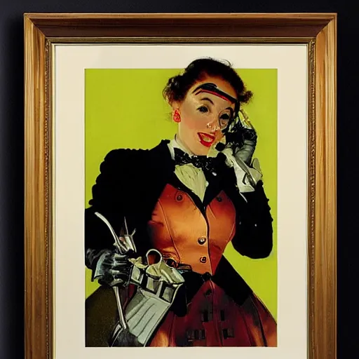 Image similar to portrait of a dapper cyberpunk woman, so happy that her face hurts, by norman rockwell