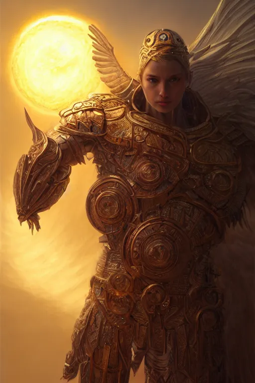 Image similar to humanoid god of the sun, highly detailed, d & d, fantasy, hyper detailed, digital painting, trending on artstation, apollo, concept art, sharp focus, illustration, art by artgerm and magali villeneuve and greg rutkowski and michael whelan, cryengine, 8 k realistic atmospheric lighting, frostbite 3 engine