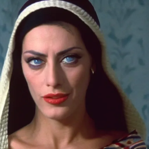 Prompt: Monica Belluci as an Arab woman, blue eyes