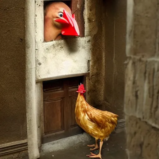 Image similar to man dressed as a chicken hiding around a corner, trending artstation, award winning photo