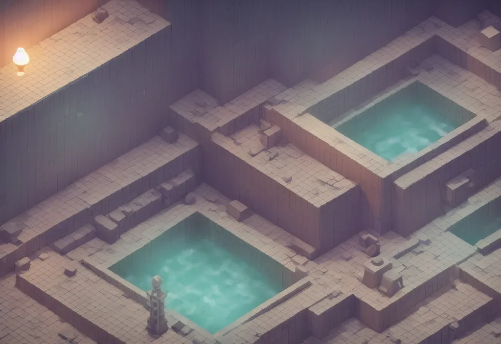 Image similar to isometric magicavoxel Bloodborne japanese bath house no mand sky cinematic lighting, 4k