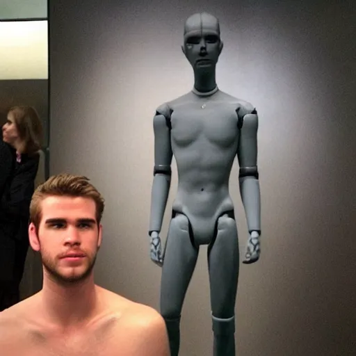 Image similar to “ a realistic detailed photo of a guy who is an attractive humanoid who is half robot and half humanoid, who is a male android, actor liam hemsworth, shiny skin, posing like a statue, blank stare, at the museum, on display ”