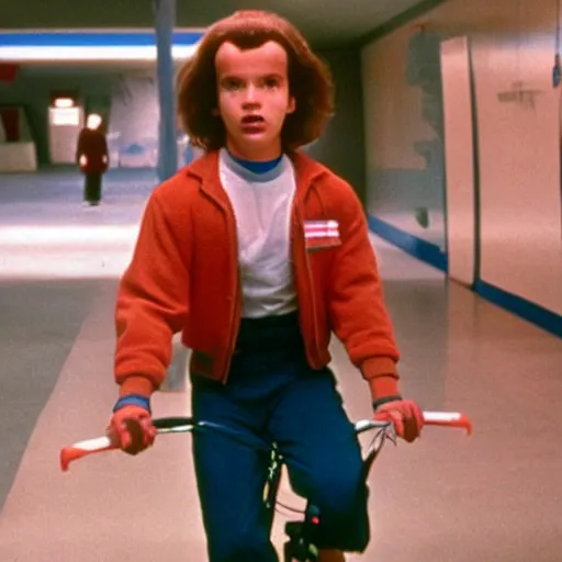 Image similar to arnold schwarzenegger as eleven, stranger things, 1 9 8 0 s, 8 k