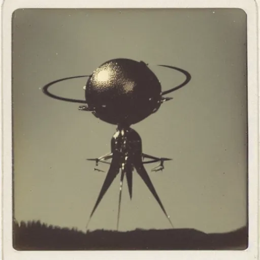 Image similar to old polaroid depicting a small intricate metallic alien probe, on a clearing