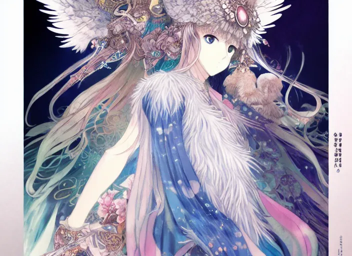 Prompt: goddess of the owls in feathered robe, humanoid, concept art, Kyoto animation,last exile, blue submarine no. 6,loish, murata range, kawaii, yoshitaka amano, studio lighting, manga, bright colors, beautiful, 28mm lens, vibrant high contrast, gradation, jean giraud, fantasy, rule of thirds, fibonacci, intricate, detailed, flat, matte print