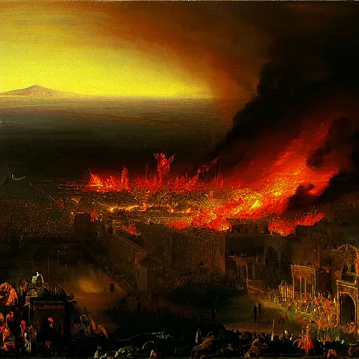 Image similar to Tijuana in flames painted by Thomas Cole